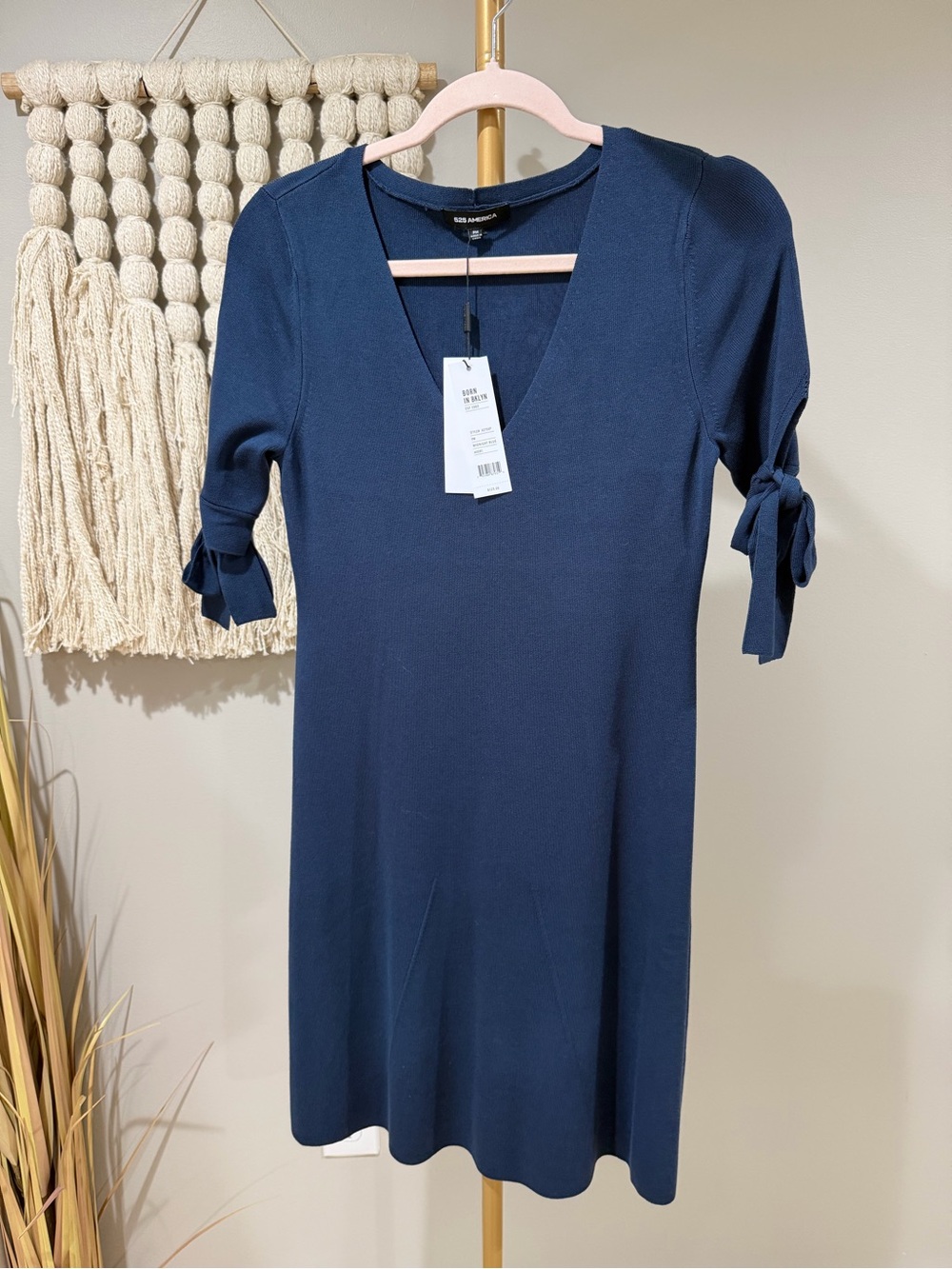 525 America BORN IN BKLYN Midnight Blue V-Neck Tie-Sleeve Dress